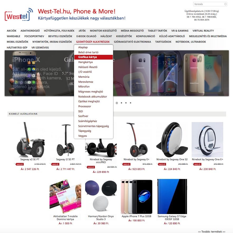 West-tel.hu mobiltelefon és elektronikai webáruház készítés rengeteg extrával