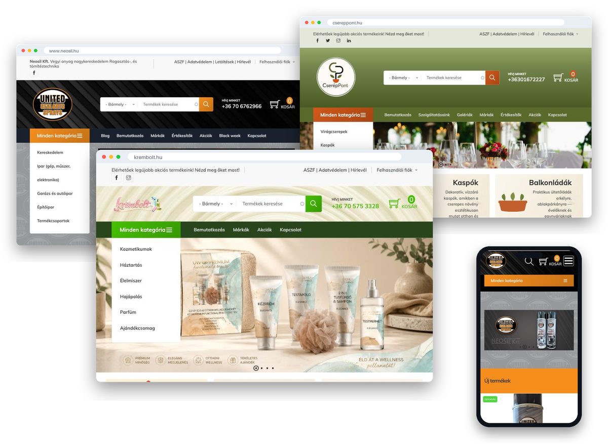 Minibolt Next rendszerrel készült webáruházak asztali gépen és mobilon