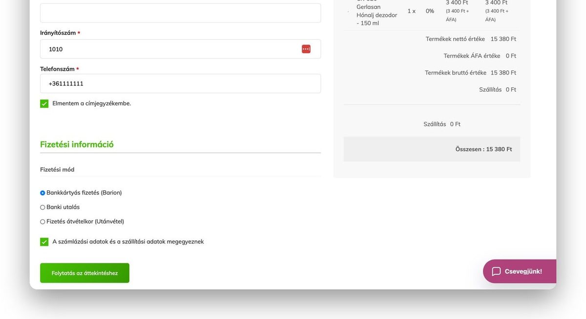 Webáruház pénztár fizetési módokkal és rendelésösszesítővel