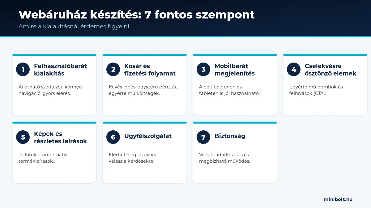 Hét fontos szempont webáruház készítésnél: kialakítás, pénztár, mobil, CTA, képek, ügyfélszolgálat, biztonság
