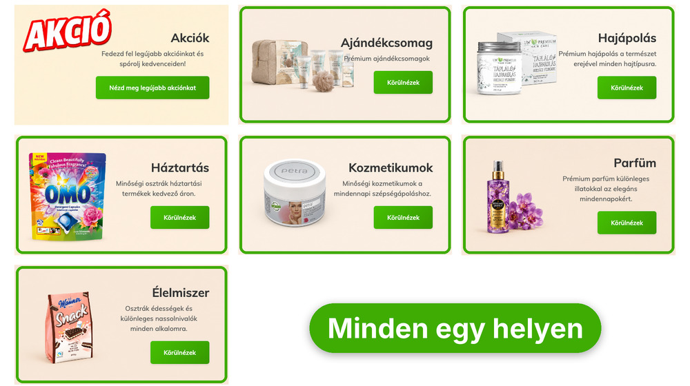 Krémbolt kategóriacsempék: kozmetikumok, háztartás, élelmiszer, hajápolás, parfüm, ajándékcsomag