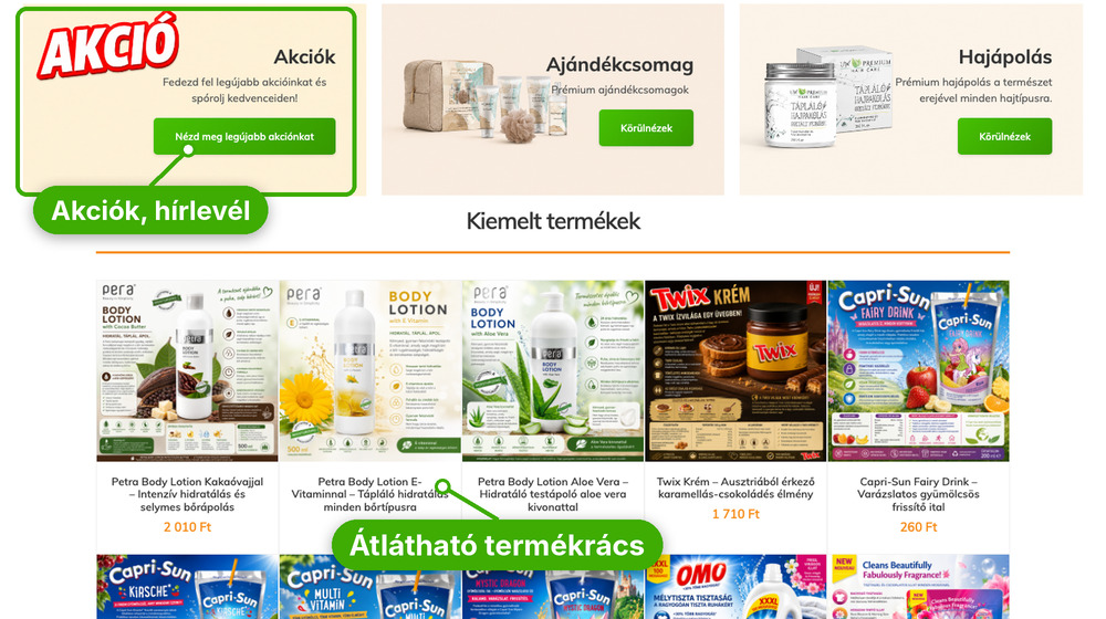 Krémbolt termékrácsok és termékoldal