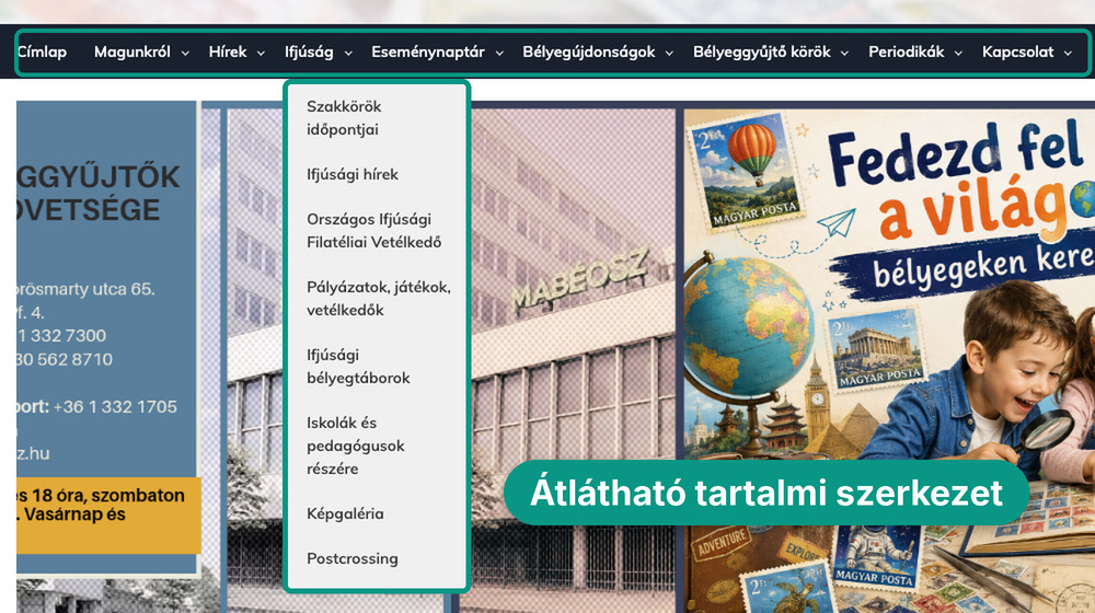 MABÉOSZ weboldal főmenü: Magunkról, Hírek, Ifjúság, Eseménynaptár, Bélyegújdonságok