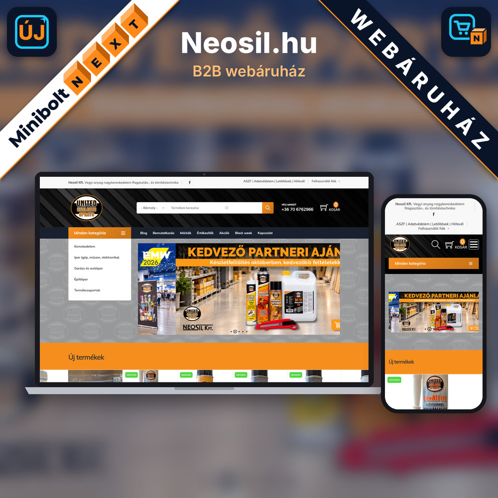 Ragasztó és tömítéstechnikai webáruház készítés – Neosil.hu, Minibolt Next rendszerben készült ragasztástechnikai B2B webshop