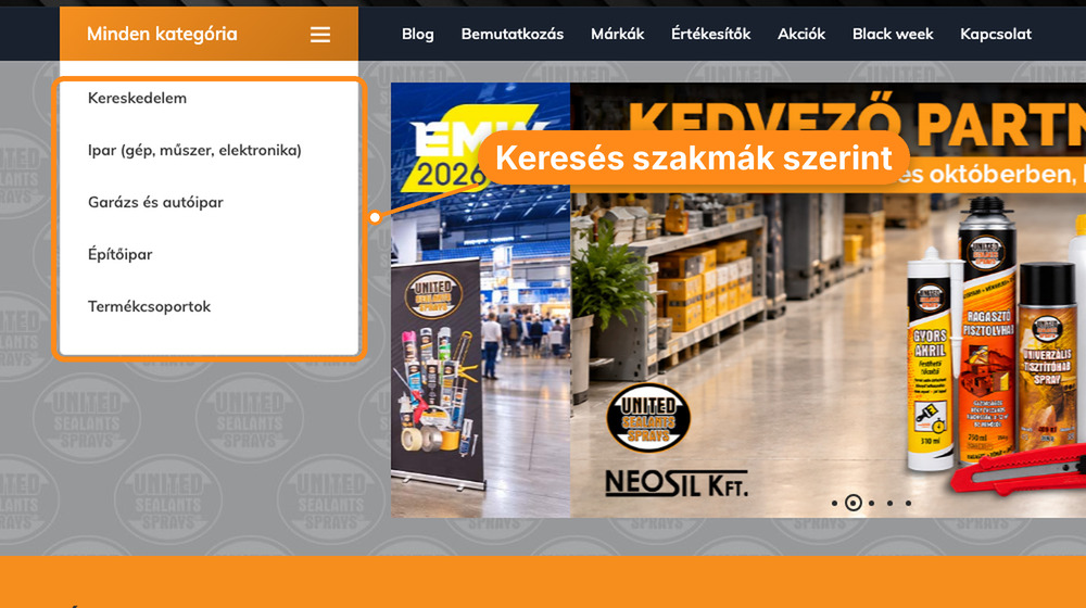 Neosil webáruház kategóriák: autóipar, ipar, garázs és autó, építőipar